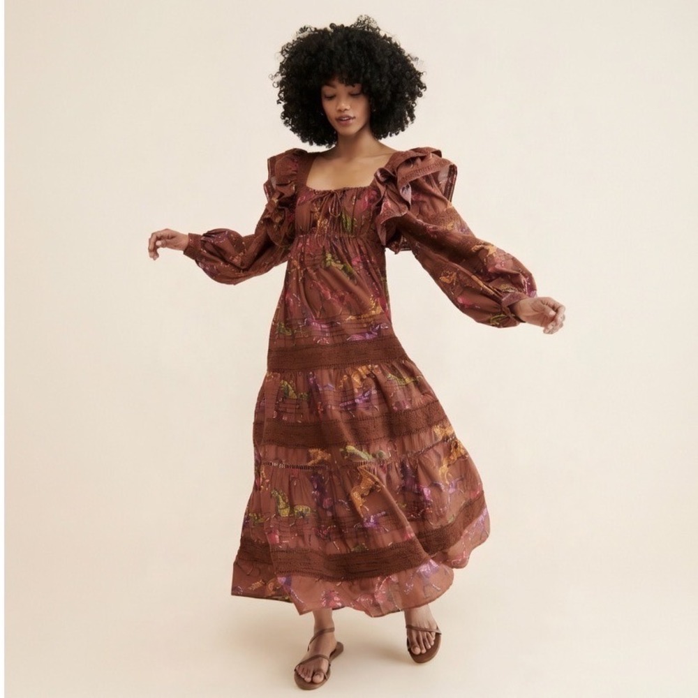 Farm Rio Dotted Horse Tiered Maxi Dress Small Ruffle Eyelet Coastal Boho Prairie - Picture 2 of 10